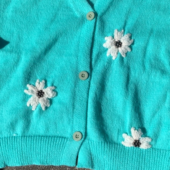 TEAL FLOWER EMBROIDERED WITH BEADS CARDIGAN SWEATER, SIZE LARGE - Picture 3 of 10